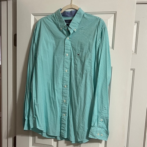 Men’s Crown & Ivy Long Sleeve Teal and White Gingham Collared Button Down Size L - Picture 1 of 7